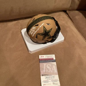 Bob Lilly Signed HoF STS Mini Stat Helmet JSA Cowboys God Bless Our Troops +