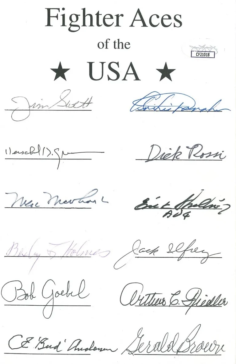 WWII AMERICAN FIGHTER ACES MULTI SIGNED BOOKPLATE x12 JSA COA CF21018