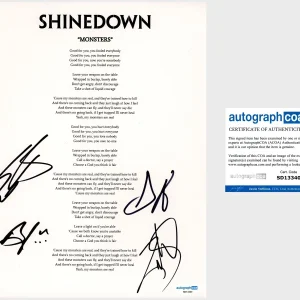 ‘Shinedown’ Full Band Signed Lyric Sheet ‘Monsters’ Brent Smith +3 ACOA
