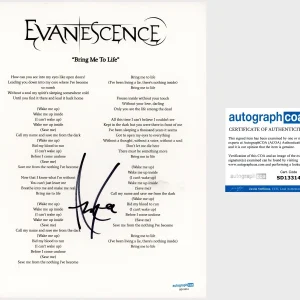 Amy Lee ‘Evanescence’ Lead Singer Signed Lyric Sheet ‘Bring Me To Life’ ACOA