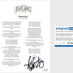‘Ashnikko’ Signed Lyric Sheet ‘Slumber Party’ ACOA RARE PROOF