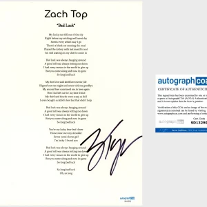 ‘Zach Top’ Signed Lyric Sheet ‘Bad Luck’ Country Singer ACOA PROOF