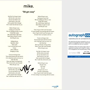 ‘Mike Stud’ Rapper Signed Lyric Sheet ‘Life Got Crazy’ mike. ACOA