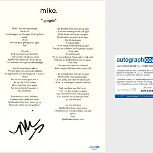 ‘Mike Stud’ Rapper Signed Lyric Sheet ‘Up Again’ mike. ACOA