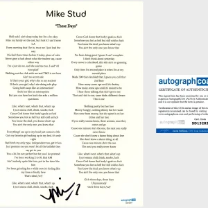 ‘Mike Stud’ Rapper Signed Lyric Sheet ‘These Days’ mike. ACOA