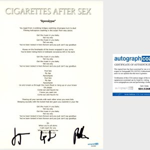 ‘Cigarettes After Sex’ Band Signed Lyric Sheet ‘Apocalypse’ Greg Gonzalez ACOA