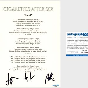 ‘Cigarettes After Sex’ Band Signed Lyric Sheet ‘Sweet’ Greg Gonzalez ACOA