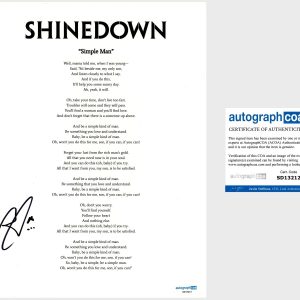 ‘Brent Smith’ Signed Lyric Sheet ‘Shinedown’ Band ‘Simple Man’ ACOA
