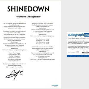 ‘Brent Smith’ Signed Lyric Sheet ‘Shinedown’ Band A Symptom Of Being Human ACOA