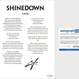 ‘Brent Smith’ Signed Lyric Sheet ‘Shinedown’ Band ‘Call Me’ ACOA