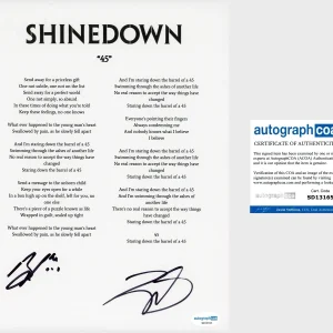 ‘Brent Smith & Zach Myers’ Signed Lyric Sheet ‘Shinedown’ Band ‘45’ ACOA