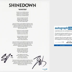 ‘Brent Smith & Zach Myers’ Signed Lyric Sheet ‘Shinedown’ Band ‘Monsters’ ACOA