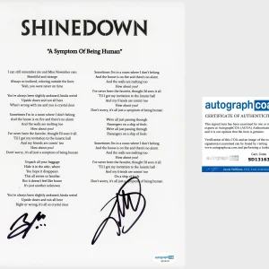 ‘Brent Smith & Zach Myers’ Signed Lyric Sheet ‘Shinedown’ Symptom Of Being ACOA