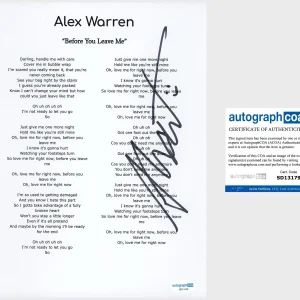 ‘Alex Warren’ Pop Singer Signed Lyric Sheet ‘Before You Leave Me’ ACOA