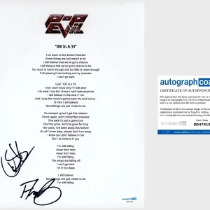 ‘Pop Evil’ Band Signed ‘100 In A 55’ Lyric Sheet Dave Grahs & Nick Fuelling ACOA