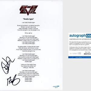 ‘Pop Evil’ Band Signed Breathe Again Lyric Sheet Dave Grahs, Nick Fuelling ACOA