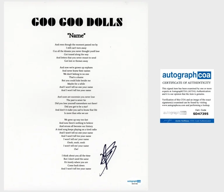 Robby Takac ‘Goo Goo Dolls’ Band Signed ‘Name’ Lyric Sheet ACOA