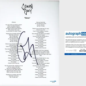 Conan Gray Signed ‘Maniac’ Lyric Sheet Pop Singer ACOA