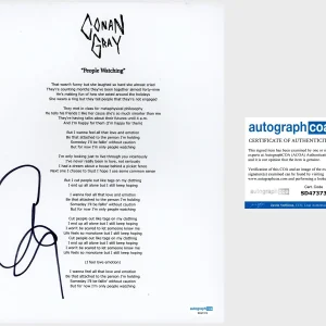 Conan Gray Signed ‘People Watching’ Lyric Sheet Pop Singer ACOA