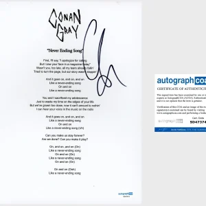 Conan Gray Signed ‘Never Ending Song’ Lyric Sheet Pop Singer ACOA