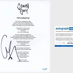 Conan Gray Signed ‘Never Ending Song’ Lyric Sheet Pop Singer ACOA