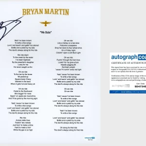 ‘Bryan Martin’ Signed ‘We Ride’ Lyric Sheet Country Star ACOA