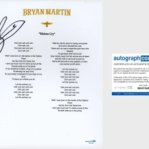 ‘Bryan Martin’ Signed ‘Wolves Cry’ Lyric Sheet Country Star ACOA