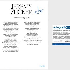 ‘Jeremy Zucker’ Signed Lyric Sheet ‘All The Kids Are Depressed’ Pop Star ACOA