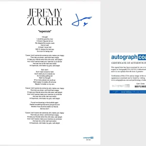 ‘Jeremy Zucker’ Signed Lyric Sheet ‘Supercuts’ Pop Music Star ACOA