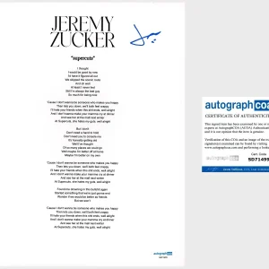 ‘Jeremy Zucker’ Signed Lyric Sheet ‘Supercuts’ Pop Music Star ACOA