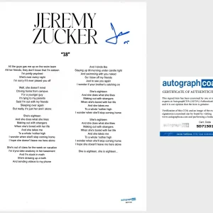 ‘Jeremy Zucker’ Signed Lyric Sheet ‘18’ Pop Music Star ACOA
