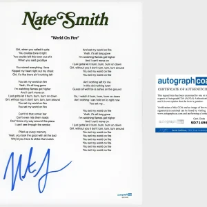 ‘Nate Smith’ Country Singer Signed ‘World On Fire’ Lyric Sheet Autograph ACOA
