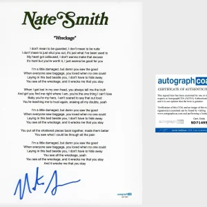 ‘Nate Smith’ Country Singer Signed ‘Wreckage’ Lyric Sheet Autograph ACOA