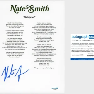 ‘Nate Smith’ Country Singer Signed ‘Bulletproof’ Lyric Sheet Autograph ACOA