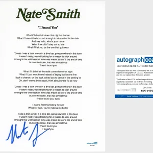 ‘Nate Smith’ Country Singer Signed ‘I Found You’ Lyric Sheet Autograph ACOA