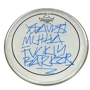 Travis MF Barker Blink-182 Signed Autograph 13" Drumhead Crazy Inscription BAS