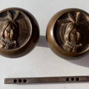 2 Antique Door Knobs & Rod Set "Three Feather Indian" Native American 1900 B10