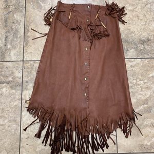 Native American Style Brown Soft Leather Fringe Western Snap Front Skirt