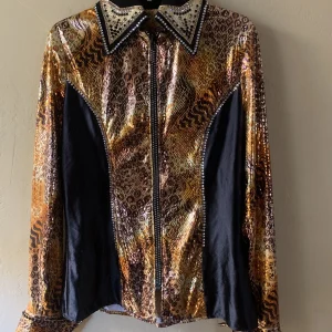 Western Show Women's Horse Riding Shirt Shiny Animal Print W/ Jewels Very Flashy