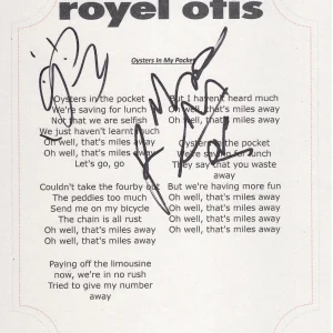 ROYEL OTIS GROUP SIGNED OYSTERS IN MY POCKET LYRIC SHEET