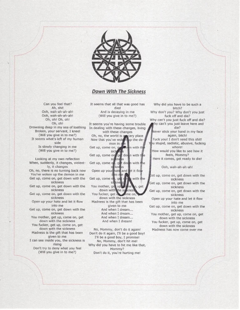 DISTURBED DAVID DRAIMAN SIGNED DOWN WITH THE SICKNESS LYRIC SHEET