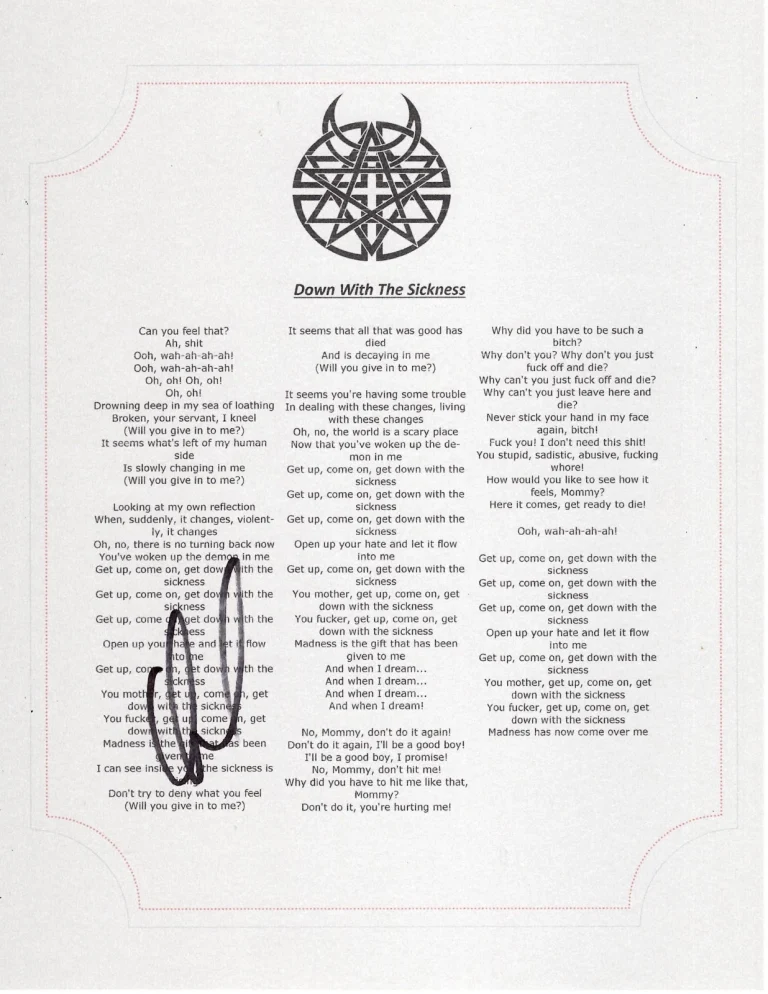 DISTURBED DAVID DRAIMAN SIGNED DOWN WITH THE SICKNESS LYRIC SHEET 2B