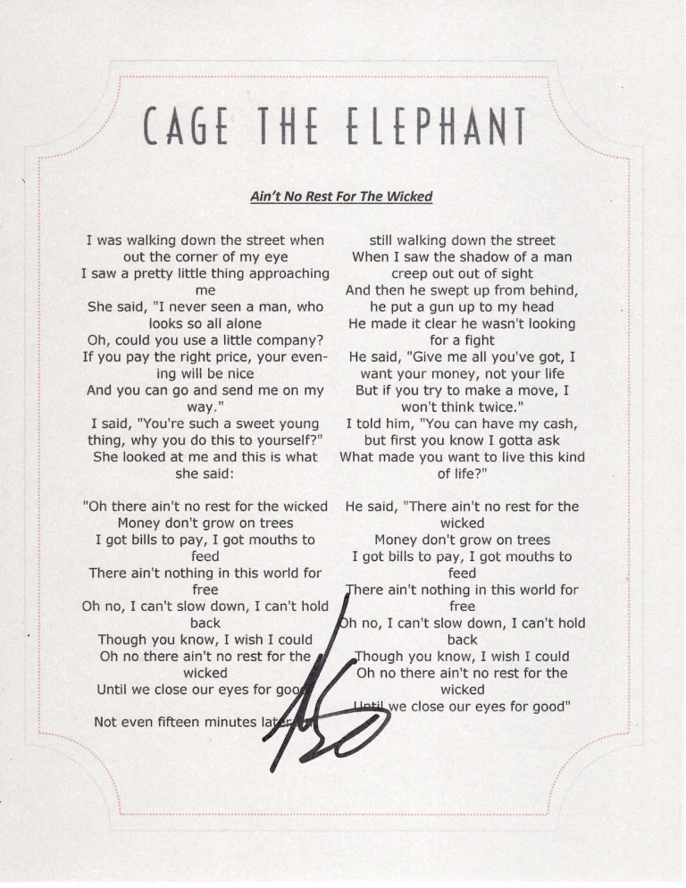 CAGE THE ELEPHANT MATT SHULTZ SIGNED AINT NO REST FOR THE WICKED LYRIC SHEET