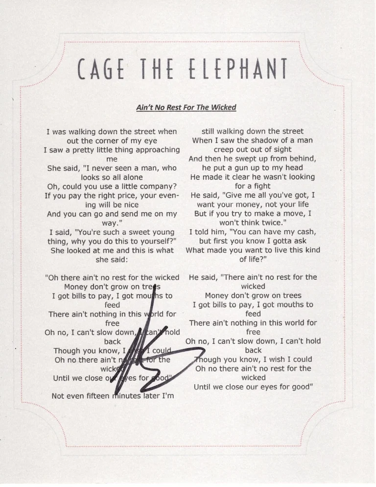 CAGE THE ELEPHANT MATT SHULTZ SIGNED AINT NO REST FOR THE WICKED LYRIC SHEET 2B