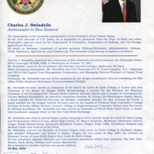 Charles Swindells US Ambassador New Zealand And Samoa Signed Autograph Biography