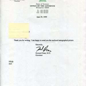 Howard Dean Governor Of Vermont Democratic National Chair Signed Autograph Lette