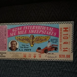 1978 Indy 500 AJ Foyt Ticket Stub (1977 Race Winner) Indianapolis Al Unser