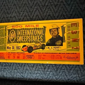 1962 Indy 500 AJ Foyt Ticket Stub (1961 Race Winner) Indianapolis Rodger Ward