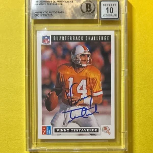 1991 DOMINO'S QUARTERBACKS VINNY TESTAVERDE #29 BECKETT 10 AUTH SIGNED AUTO CARD