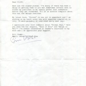 William Diehl Primal Fear Sharky's Machine Author Signed Autograph Letter